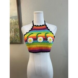 Handmade Rainbow Crochet Halter Crop Top Daisy Floral Festival Knit Fairycore